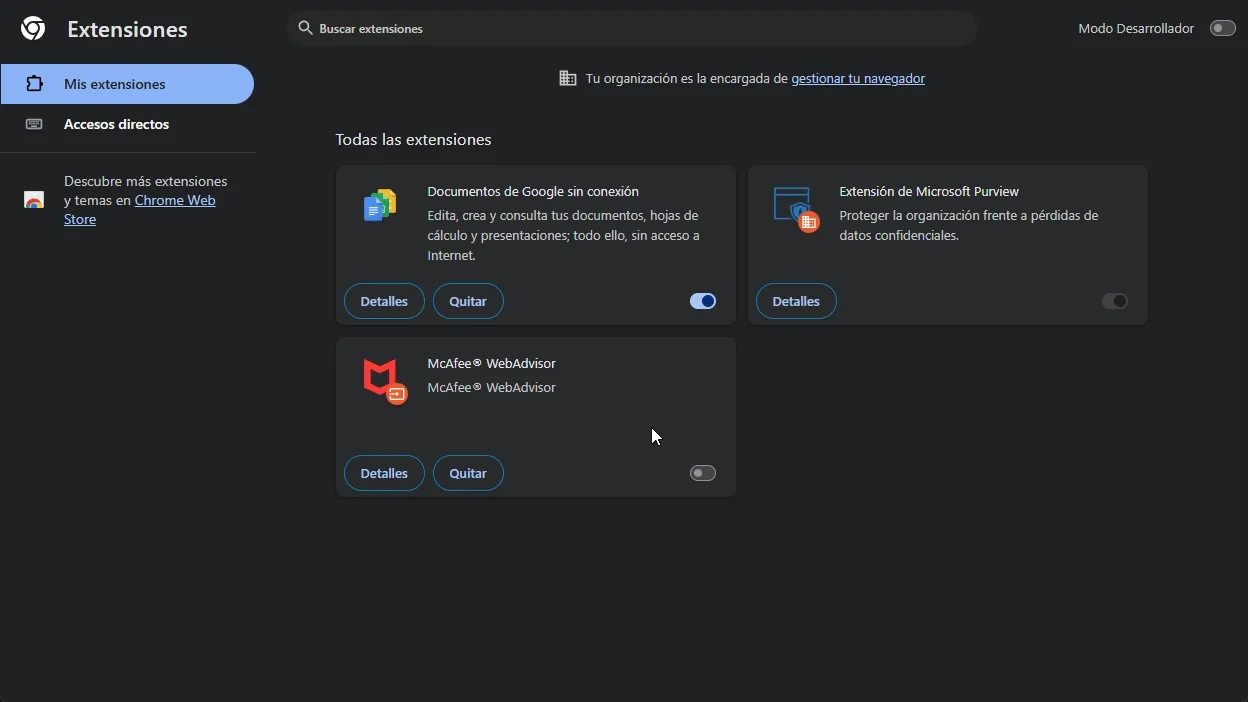 Deshabilitando las extensiones en modo incógnito