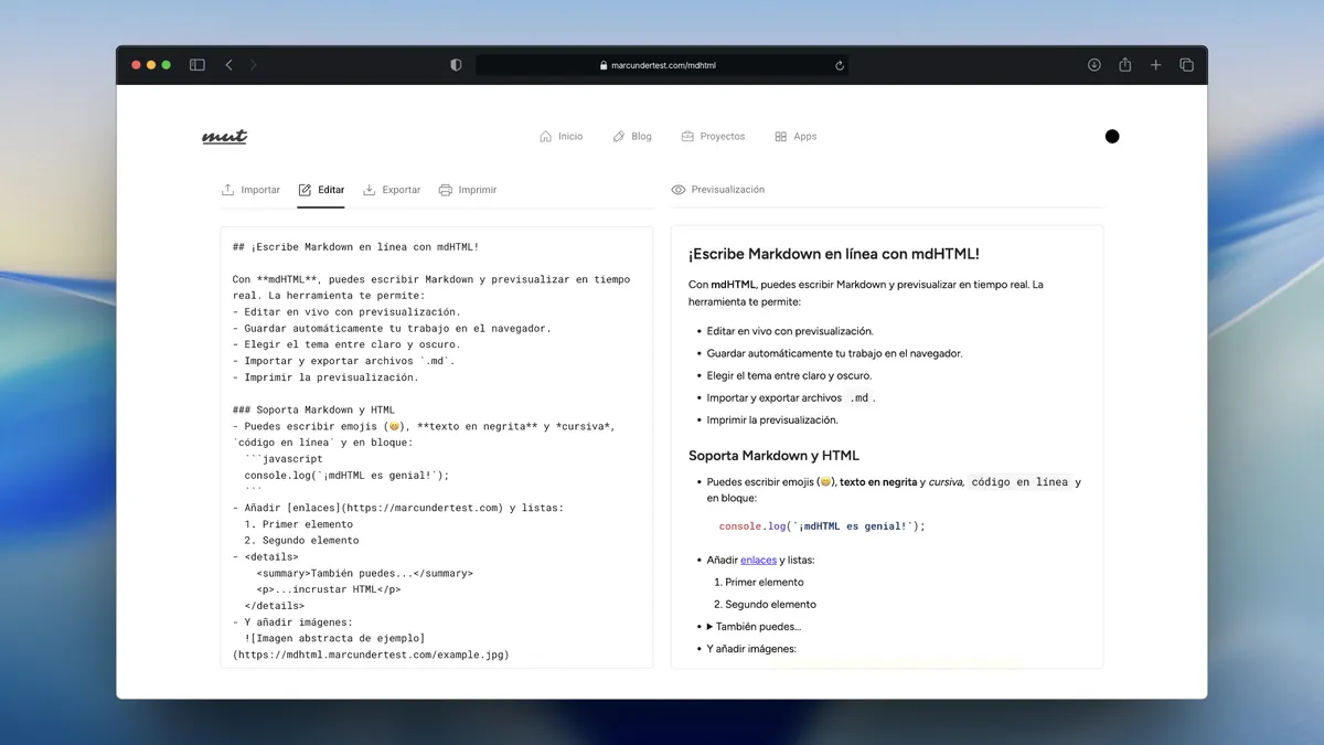 Captura de pantalla de la aplicación mdHTML