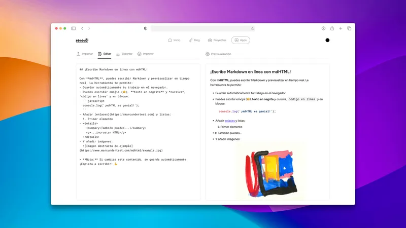 Captura de pantalla de la aplicación mdHTML